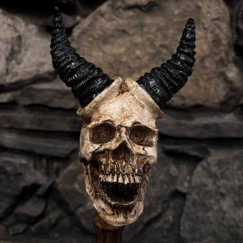 Demon Skull Head Poplar Hand Carved Spiral Walking Stick - Gothic