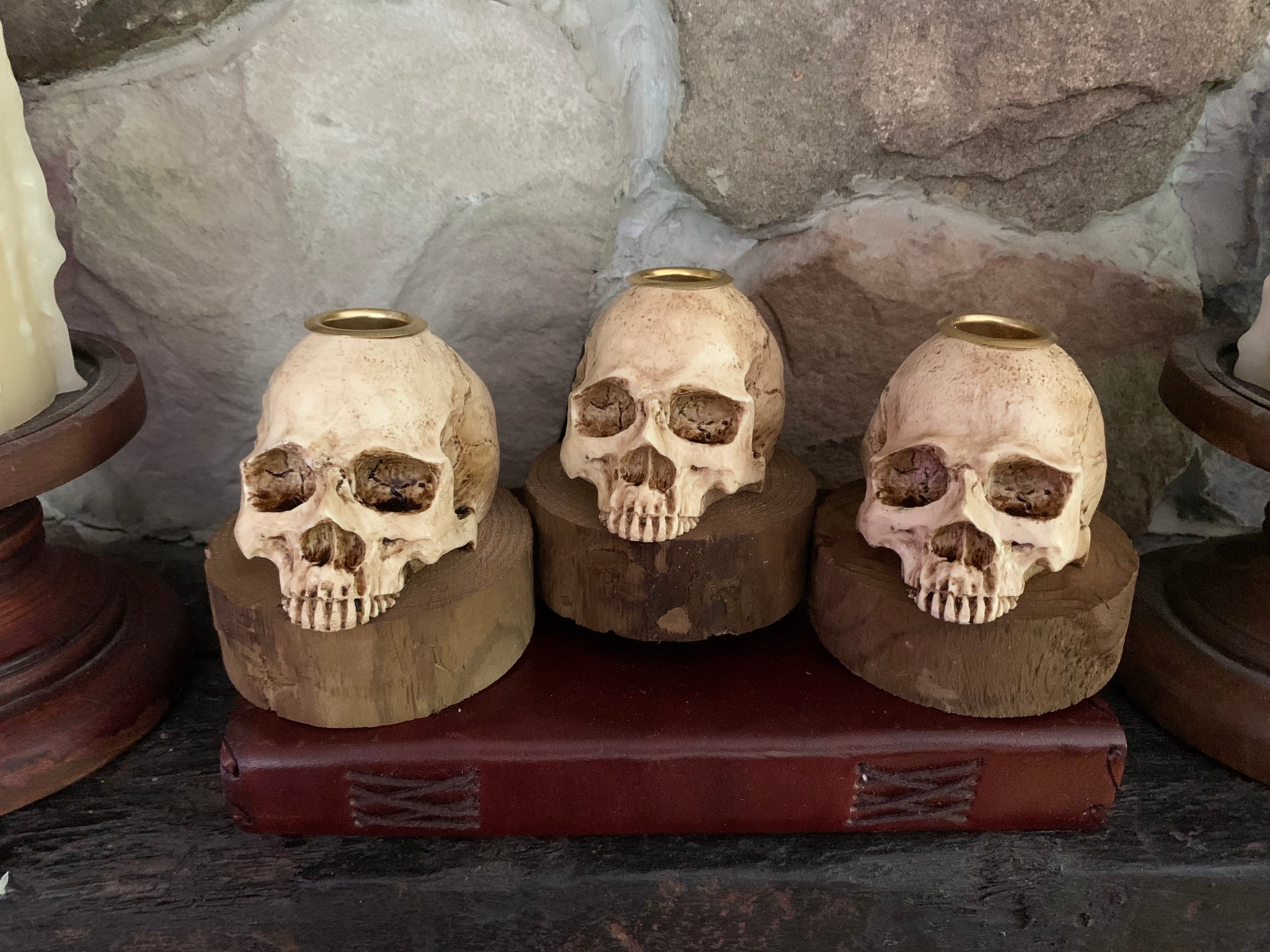 Aged Miniature Skull Gothic Candlestick Holder on A Rustic