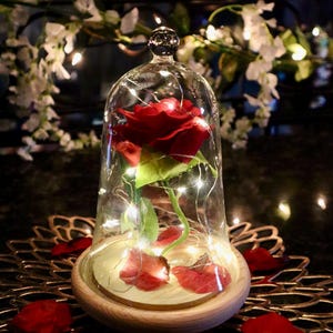 Enchanted Rose - Beauty & The Beast Illuminated Life Size Rose Display With Glass Dome and Wooden Base DELUXE EDITION