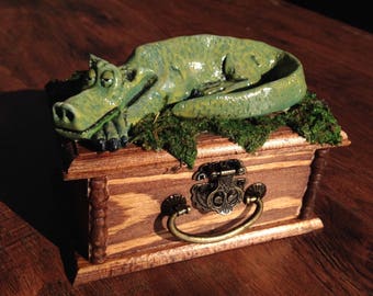 Let Sleeping Dragons Lie - Miniature Dragon Sculpture On Wooden Felt-lined Treasure Jewelry Box