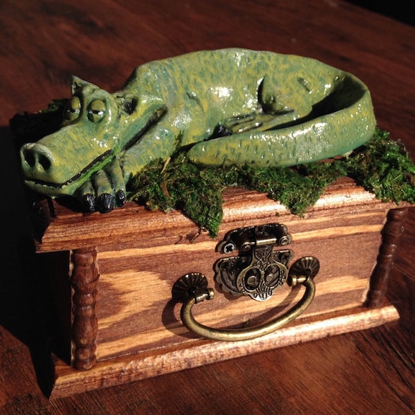 Let Sleeping Dragons Lie - Miniature Dragon Sculpture On Wooden Felt-lined Treasure Jewelry Box
