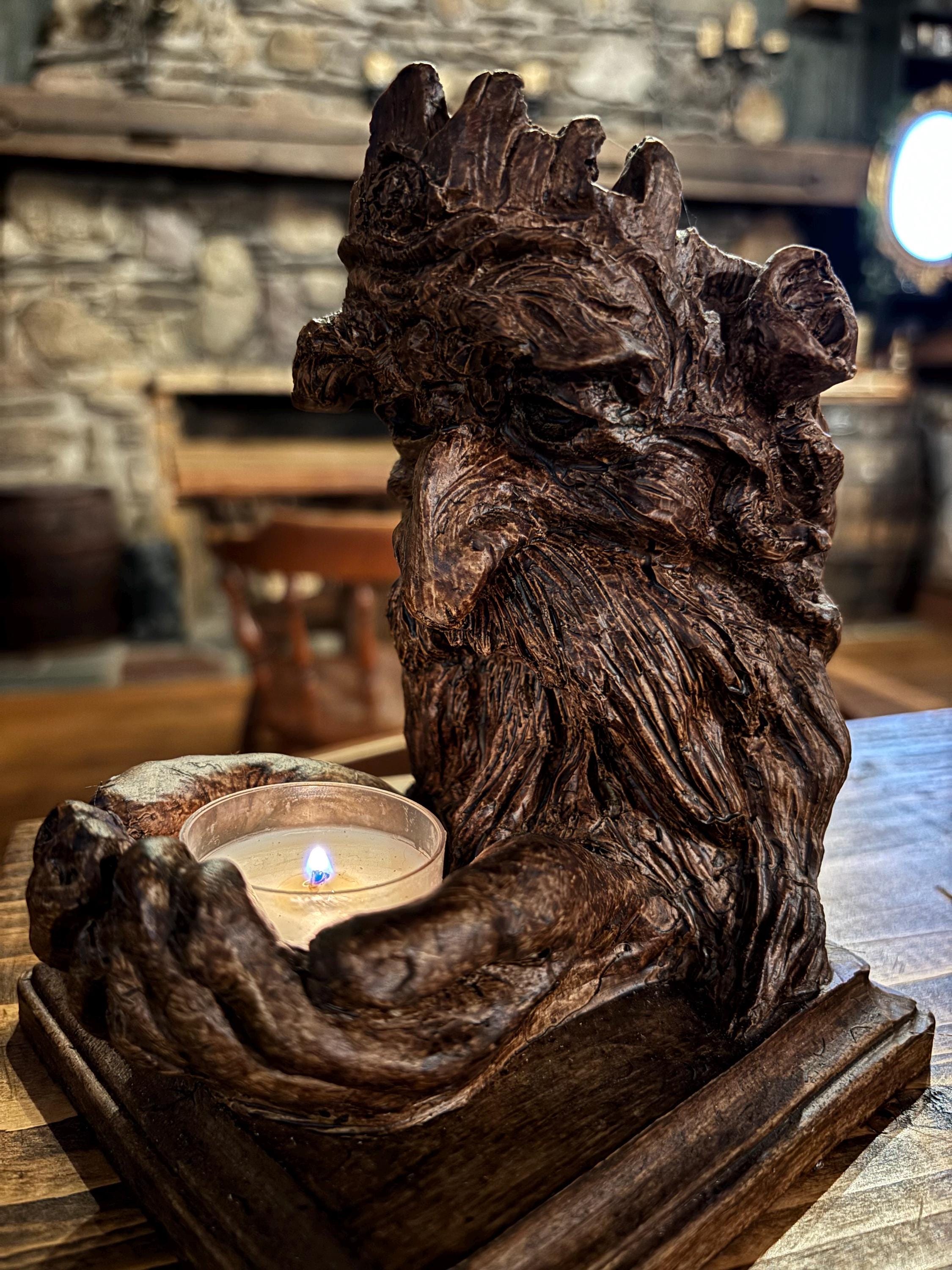 Whimsical Forest Spirit Tea Light Holder: Reclaimed Wood Sculpture