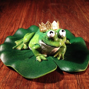 Frog Prince - Fairy Garden or Pond Miniature Sculpture With A Golden Crown On A Small Silk Lily Pad