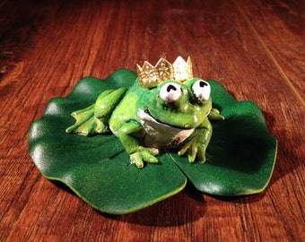 Frog Prince - Fairy Garden or Pond Miniature Sculpture With A Golden Crown On A Small Silk Lily Pad