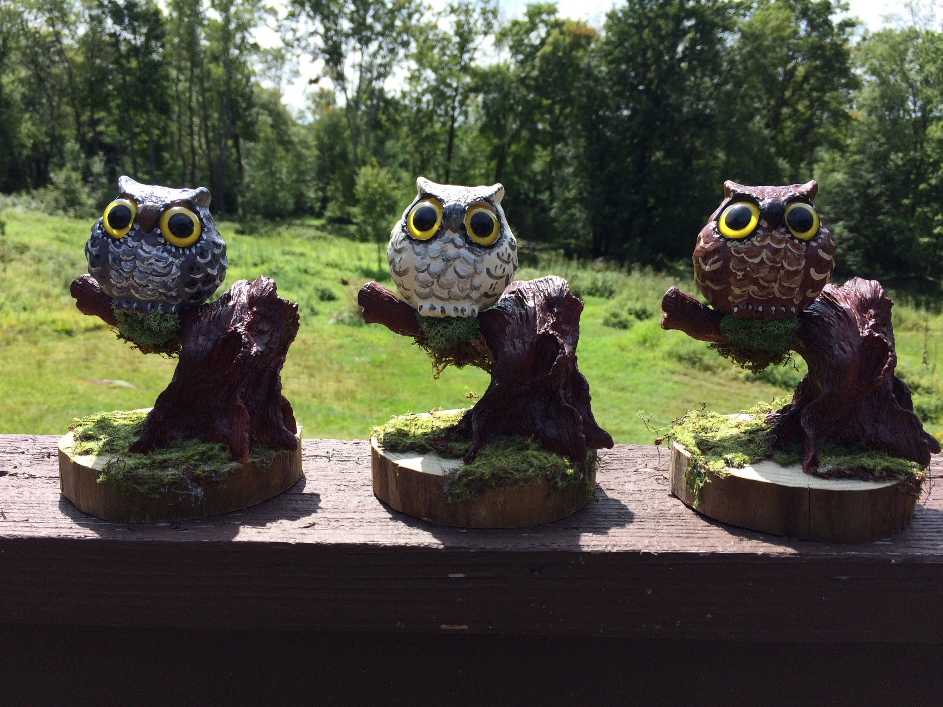 Miniature Owl Sculpture: Woodland Resin Owl on Mossy Tree Perch - Etsy