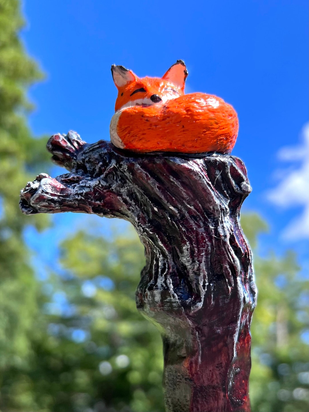 Fox Walking Stick Made From Rustic Poplar Wood Featuring A Hand Painted