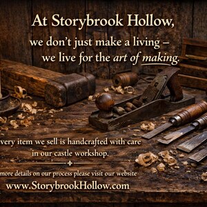 May include: A lit candle and various woodworking tools, such as a plane and chisels, are arranged on a wooden surface. The image includes text that reads "At Storybrook Hollow, we live for the art of making."