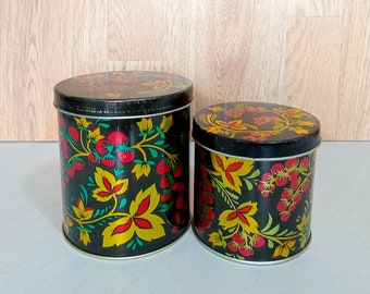 Khokhloma Tin Canisters / Set of 2 / vintage tin canisters / kitchen storage / black retro tins / painted floral tins / eastern european