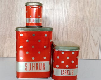 Red Polka Dot Tins / tin canister set of 3 / retro tin set / kitchen storage / mid-century kitchen / bright dotted / biscuit cans / NOS USSR