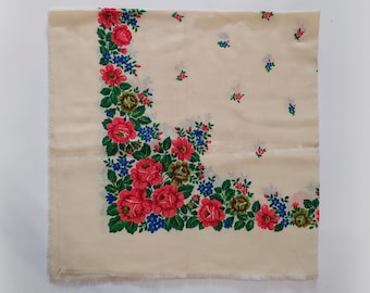 Russian wool shawl / white square scarf / Ukrainian shawl / small floral shawl /USSR Ukraine/ pink magenta green blue/ vintage shawl / 37 in