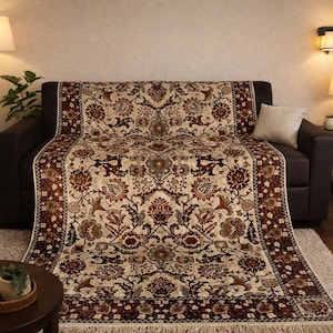 Peut inclure: Une couverture décorative avec un motif floral détaillé dans des tons crème, marron et bordeaux, drapée sur un canapé marron foncé. La couverture présente une bordure à franges et un design de tapis traditionnel, ajoutant une touche d'élégance au salon.