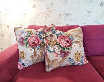 Floral pillow case / linen cushion cover / roses pillow cover / gray red blue / Victorian cottage antique romantic / square pillow 20 in
