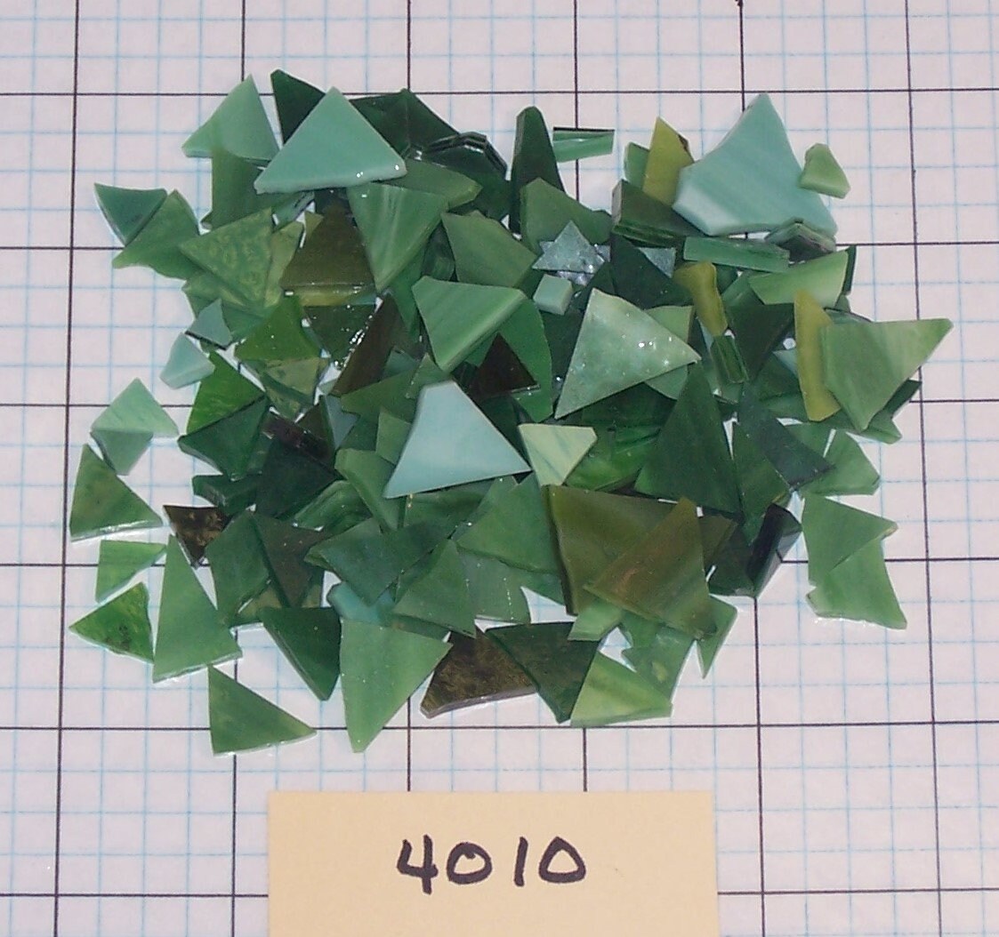 4 oz Nipped Opaque Stained Glass Mosaic Tiles Triangle Leaves Mixed Greens 