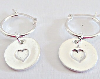 Silver heart earrings, Fine silver earrings, Dangle earrings, Heart charm earrings, Silver hoop earrings, Pretty heart earrings, Made in UK