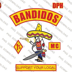 May include: A yellow and red logo with the text "BANDIDOS MC" and a cartoon figure wearing a sombrero and holding a gun and a sword. The text "SUPPORT YOUR LOCAL" is below the figure.