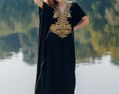 Black Moroccan Style Handmade Abaya , Beautiful Maxi Batwing Dress With Gold Embroidery