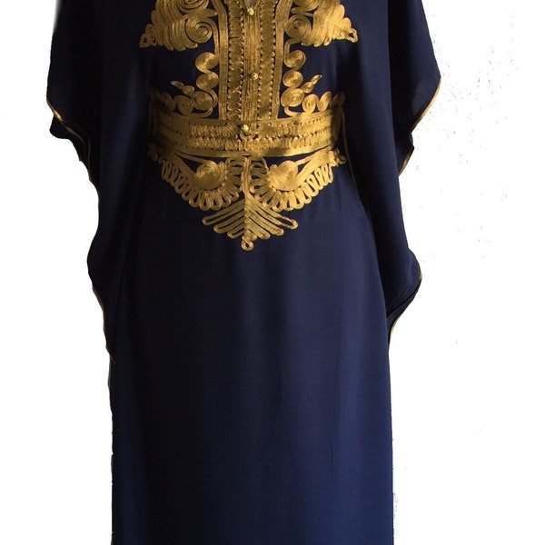 Marine faite à la main marocain coton kaftan pour femmes Maxi Kaftan robe avec broderie d’or, robe taille rapide expédition US vendeur