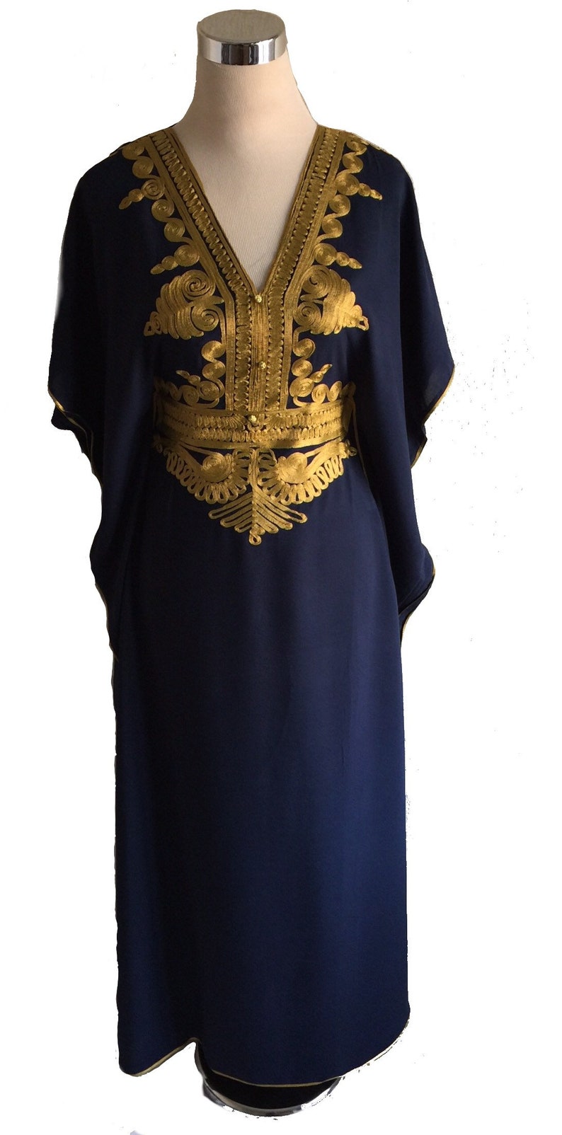 Navy handmade Moroccan cotton kaftan for women Maxi Kaftan dress with gold embroidery , one size dress fast shipping US seller 