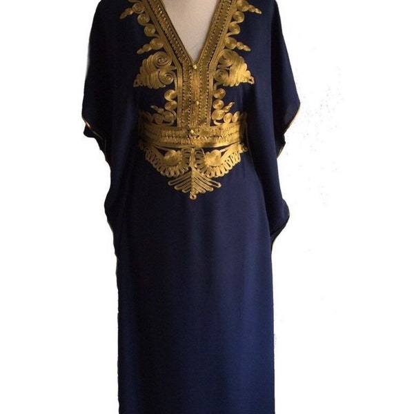 Plus Size Navy blue Moroccan Style Handmade Abaya , Beautiful Maxi Batwing Dress With Gold Embroidery, Fits sizes 1X and 2X