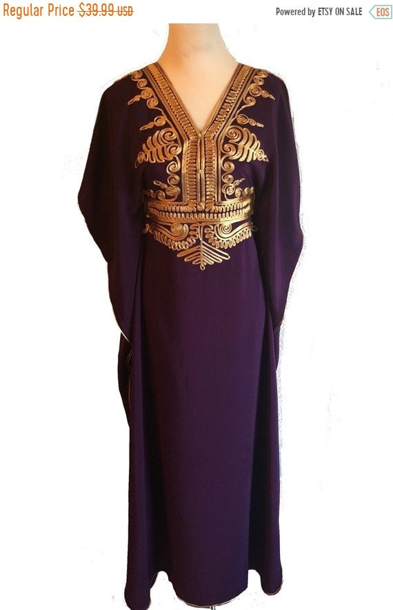 Dark Purple Moroccan kaftan Maxi Dress with gold embroidery | Etsy
