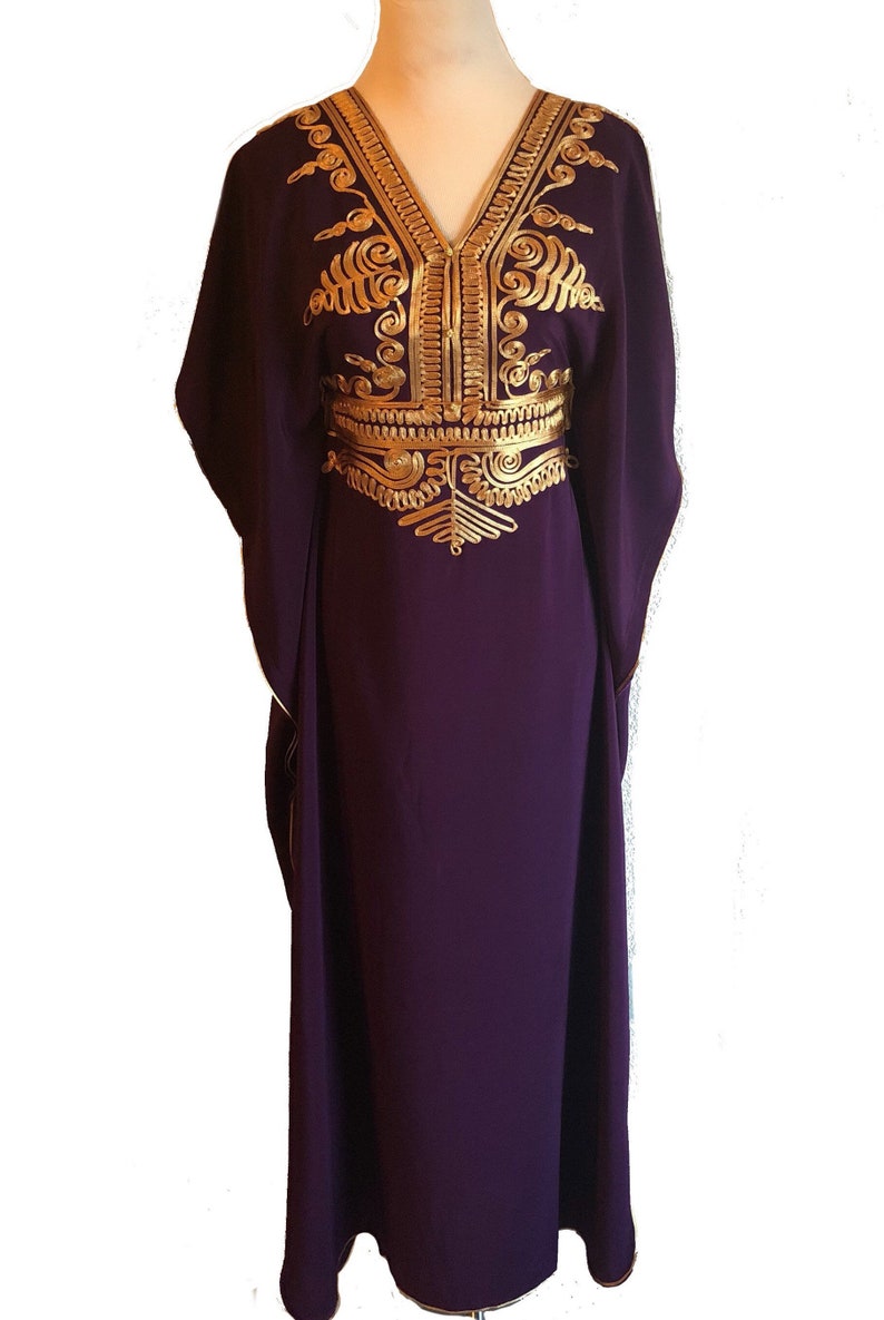 Dark Purple Moroccan handmade Kaftan for women, cotton kaftan Maxi Dress with gold embroidery, one size fits from medium to 2XL 