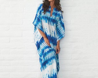 Oversized tie dye kaftan , one size fits all comfortable women’s coverup, beautiful blue and white maxi dress. Best Christmas gift for women