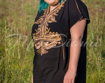 Plus Size black Moroccan Style Handmade Abaya , Beautiful Maxi Batwing Dress With Gold Embroidery, Fits sizes 1X and 2X