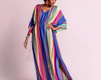 Popular Rainbow Stripe V Neck Elastic Waist Long Maxi Gown Beach Coverup , sexy kaftan women maxi dress fits up to 2XL