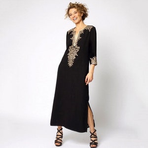 Black handmade cotton kaftan for women Maxi Kaftan Dress, beach coverup with gold embroidery fits from small to 2XL