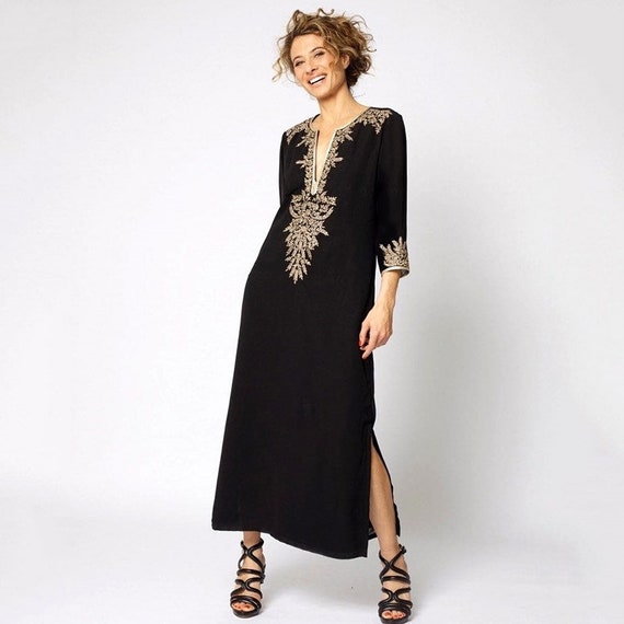 Black Kaftan Maxi Dress Beach Coverup With Gold Embroidery - Etsy