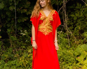 Red Moroccan kaftan Maxi Dress with gold embroidery