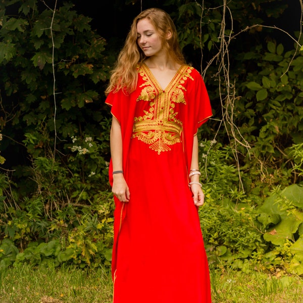 Red Moroccan kaftan Maxi Dress with gold embroidery, sexy Abaya boho style , oversized comfy dress fits from small to 2XL , Christmas gift !