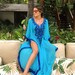 Turquoise sheer kaftan for women Maxi Dress , Sexy Beach coverup one size fits from Medium to 2XL Kaftan dress with blue embroidery