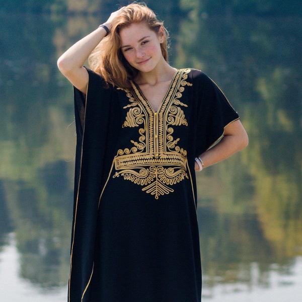 Black Moroccan Style Handmade Abaya , Beautiful Maxi Batwing Dress With Gold Embroidery. African Dress .