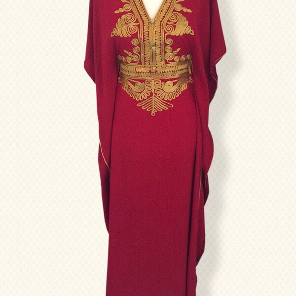 Burgundy Moroccan Dress with Gold Embroidery, Cotton Kaftan for Women. Handmade Abaya Dress, Batwing Dress,one size fits up to 2XL