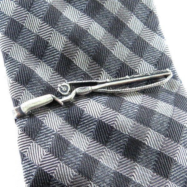 Fishing Rod Tie Bar With Fish Charm- Fishing Pole Tie Clip- Sterling Silver Finish, Gifts For Men