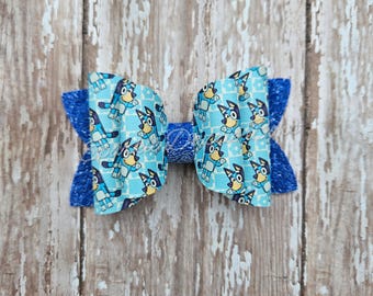 4 Inch Blue dog and orange dog bow READY TO SHIP