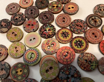 50 Small BoHo Wooden Painted Craft Buttons. 50 Piece Packs. Colorful Mix Of Craft Buttons. BoHo style. Small .06 In. Sewing. FREE SHIPPING