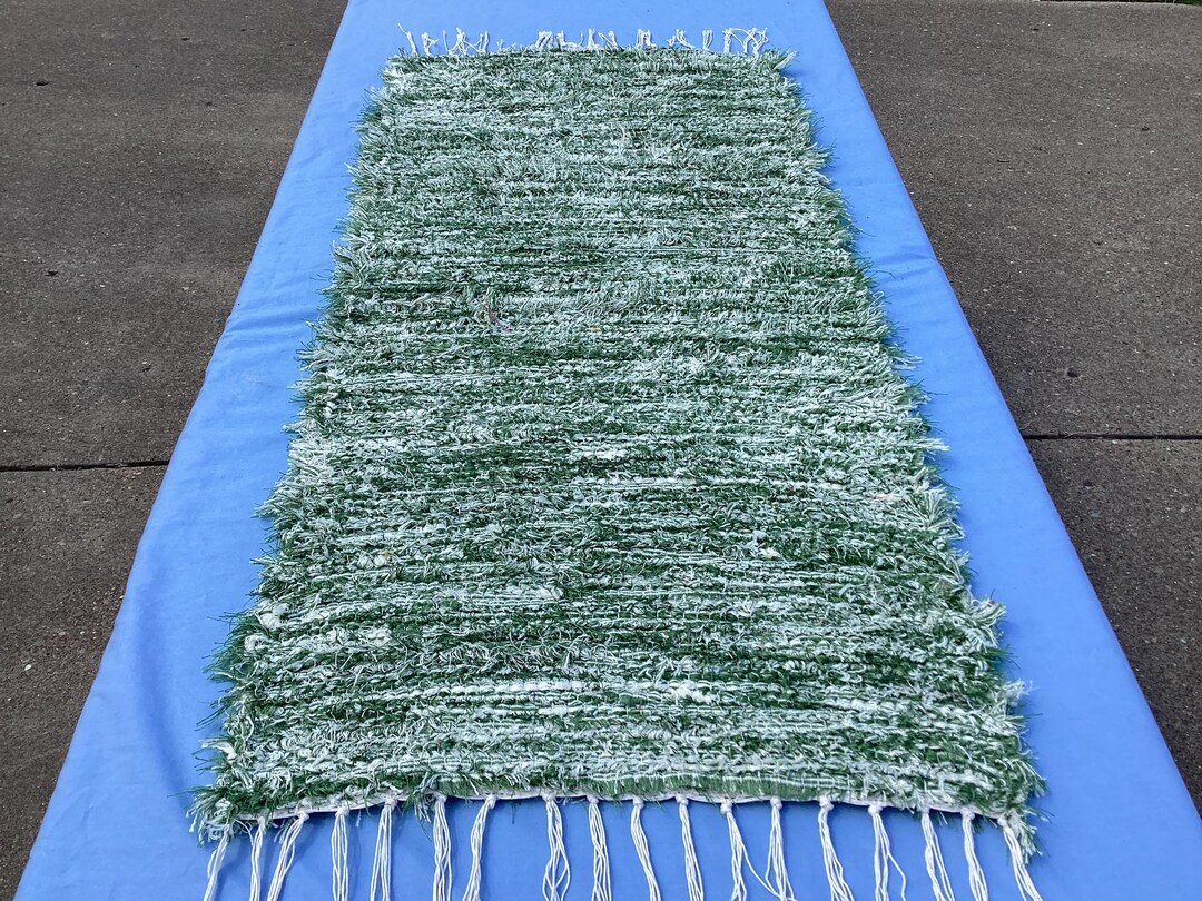 Hand Woven Rug. 22x48 Inch Green and Cream Colored Cotton Etsy