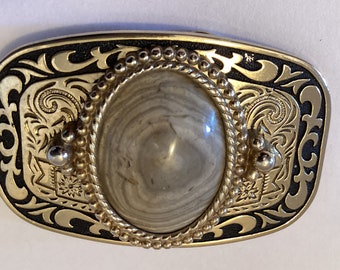 Vintage Heavy Metal Belt Buckle. Genuine Polished Flint Stone Insert. Fits Up To A 1 3/4 Inch Belt. Leathercraft Made In USA. FREE SHIPPING.