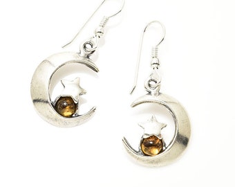 Moon and Star Earrings in Sterling Silver