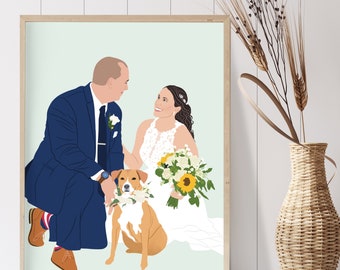 Couple and dog portrait from photo | Couple with pet custom drawing | Personalized anniversary gift | Gift for pet parents | Pet mom gift