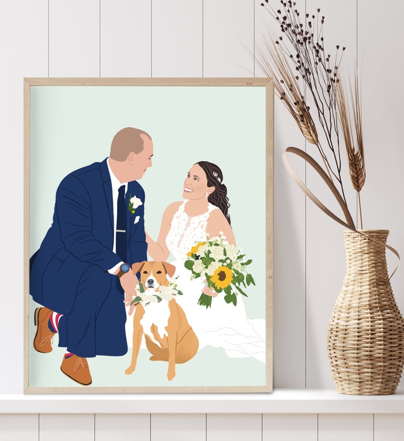 Couple and dog portrait from photo Couple with pet custom drawing Personalized anniversary gift Gift for pet parents Pet mom gift image 1