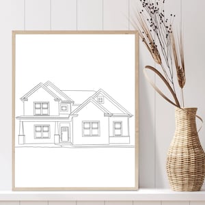 May include: A black and white line drawing of a house with a two-story front and a single-story back. The house has a front porch with columns and a door. There are windows on the front and sides of the house.