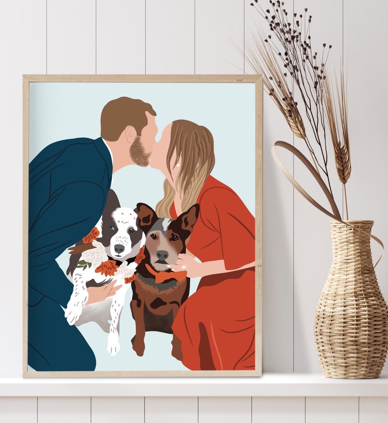 Couple and dog portrait from photo Couple with pet custom drawing Personalized anniversary gift Gift for pet parents Pet mom gift image 6