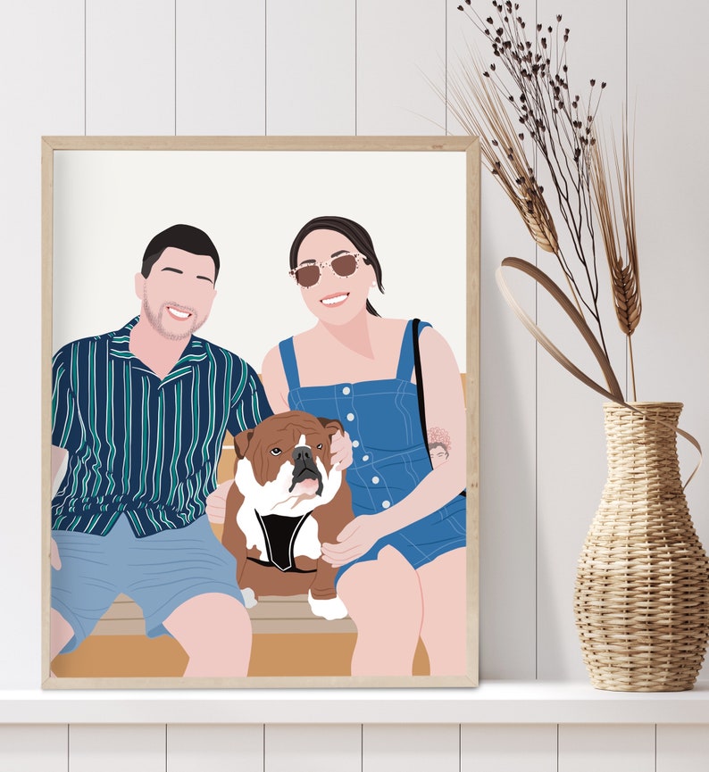 Couple and dog portrait from photo Couple with pet custom drawing Personalized anniversary gift Gift for pet parents Pet mom gift image 8