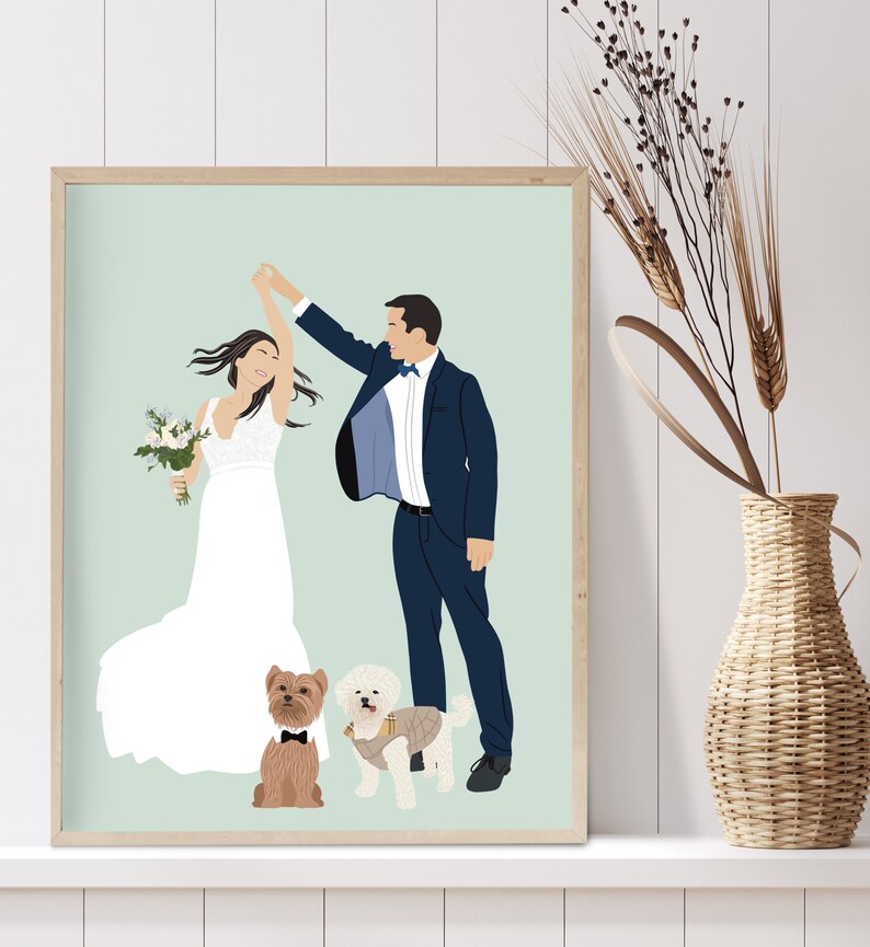 Couple and dog portrait from photo Couple with pet custom drawing Personalized anniversary gift Gift for pet parents Pet mom gift image 4