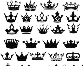 Peut inclure: Une collection de 30 silhouettes de couronnes noires et blanches. Les couronnes sont de styles variés, y compris traditionnels, modernes et fantaisistes.