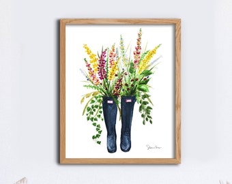 Botas de lluvia florales // Botas de agua y flores silvestres // Impresión artística en acuarela