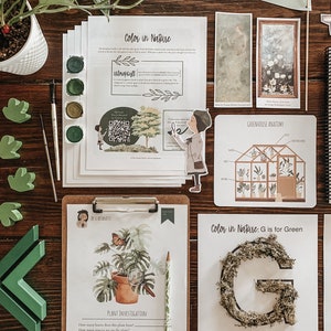 Pode incluir: Um conjunto de impressões educacionais para crianças sobre plantas e natureza. As impressões apresentam ilustrações de plantas, uma estufa e uma lupa. As impressões estão sobre uma mesa de madeira com tinta verde e pincéis.